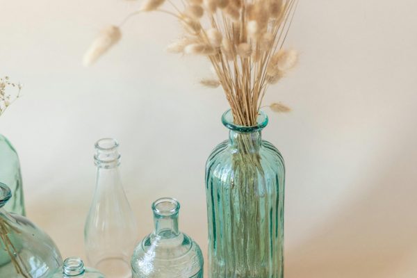 Minimalist arrangement of transparent glass vases with dried hare's tail grass on a light background. Arrangement minimaliste de vases en verre transparent avec de l'herbe de queue de lièvre séchée sur fond clair.