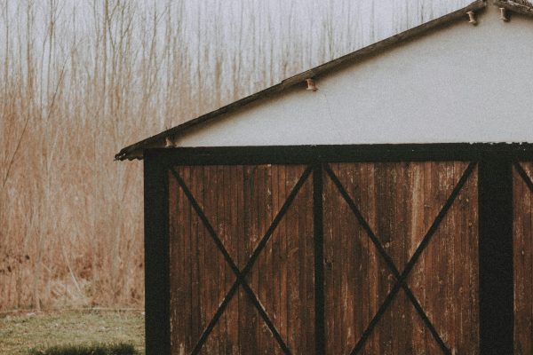 Small wooden building on grassy meadow near dried plants under cloudless sky in farmland in daytime Petit bâtiment en bois sur une prairie herbeuse près de plantes desséchées sous un ciel sans nuages dans une zone agricole en journée