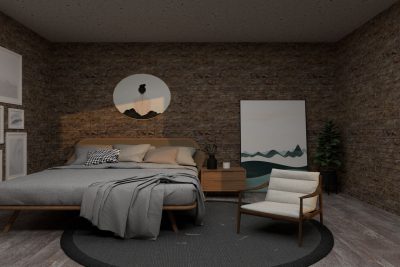 Chambre cosy avec lit bas sur cadre en bois